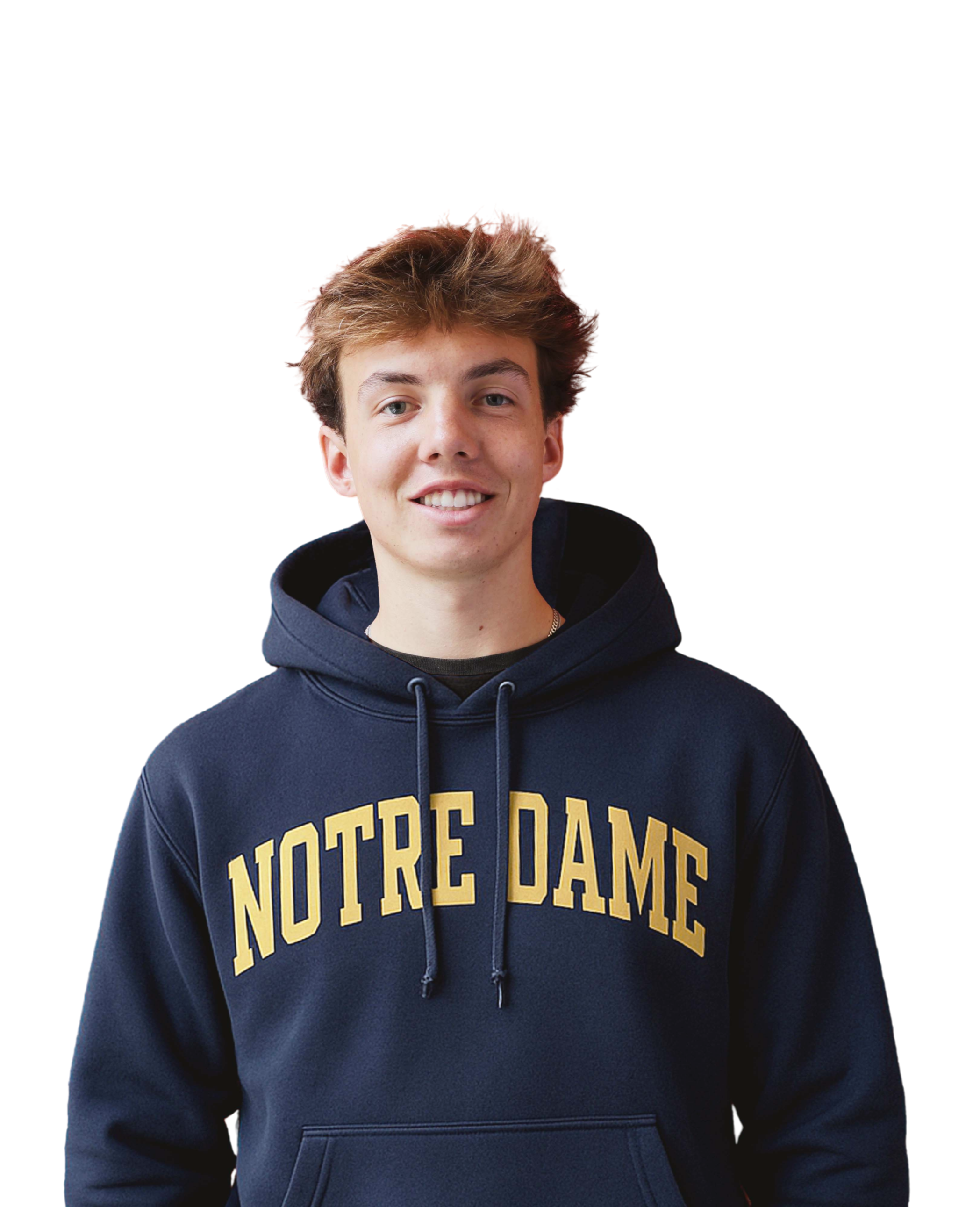 Person wearing a navy hoodie with 'Notre Dame' text on a white background